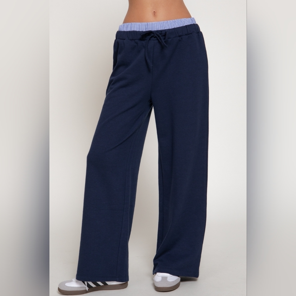 Active USA Navy Wide Leg Knit Trousers - High Waisted Flowy Lounge Pants